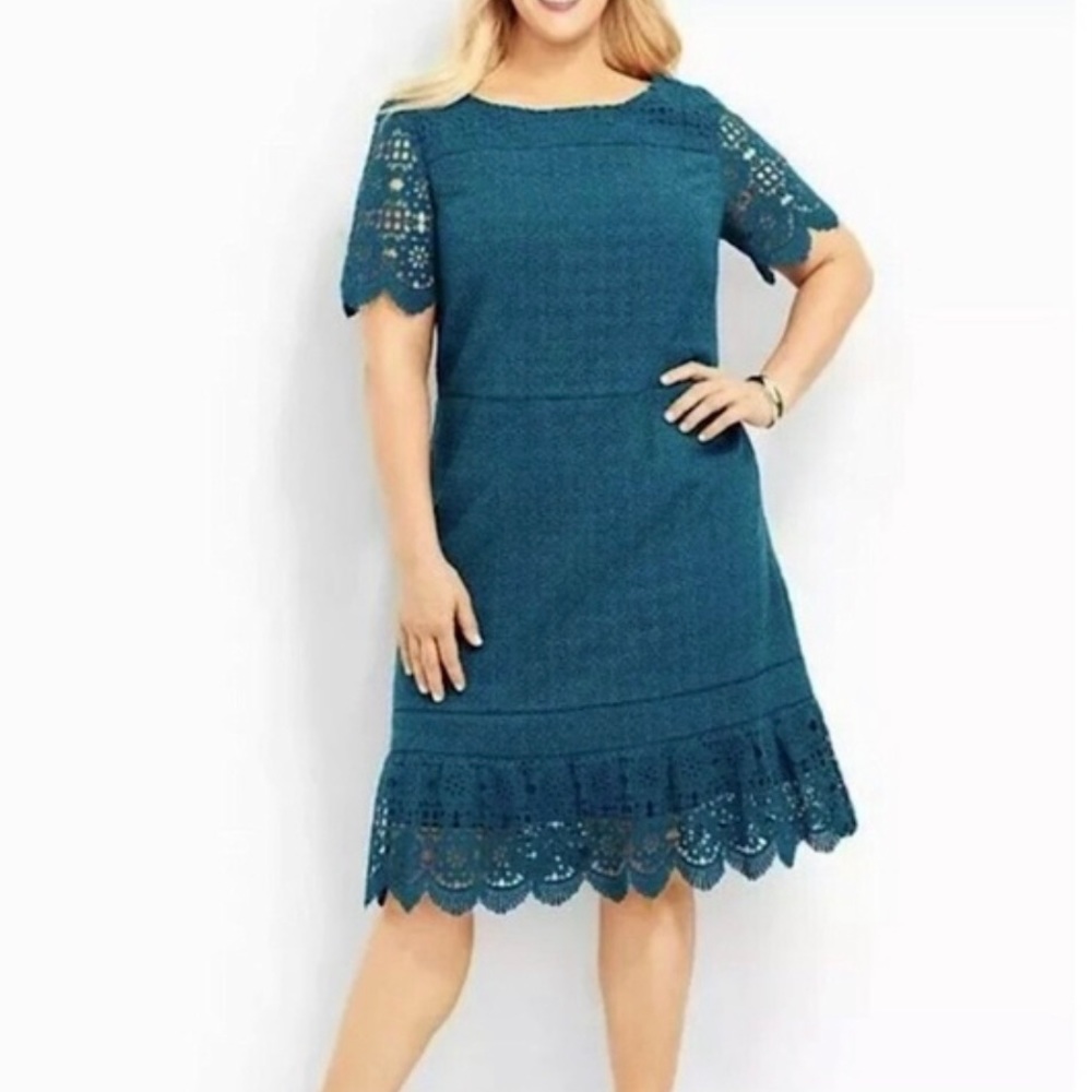 Talbots Woman Short Sleeve Floral Crochet Lace Dress SZ 14 in Teal Green